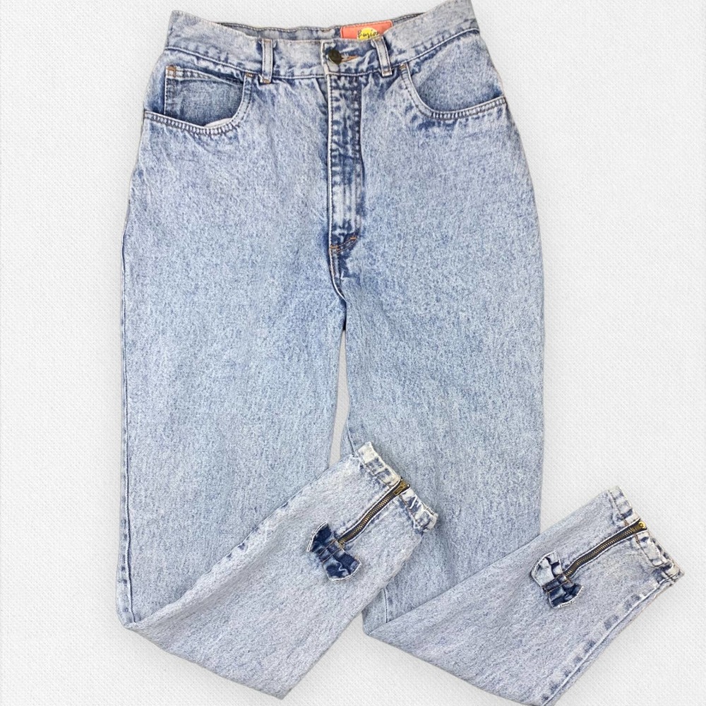 Vintage High Rise 80's 90's Mom Jeans Acid Wash Zipper Bows Light Denim